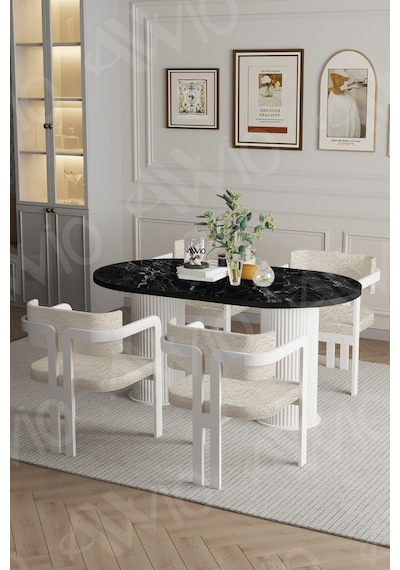 Avvio Pruva Ptt Lake Mdf Ayak 4'lü Tokyo Metal Demonte Sandalye 80x140 Masa Sandalye Takımı Siyah Mermer