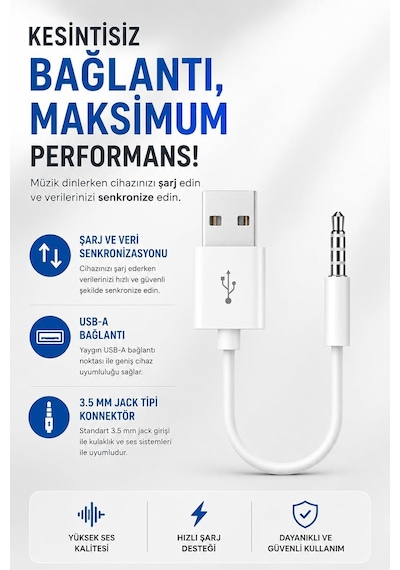 Coverzone İpod Shuffle İle Uyumlu Ent - Usb Şarj Ve Veri Aktarım Kablosu, 3.5 Mm Jack - Usb A Senkronizasyon Kablosu, Şarj Data Bağlantı Kablosu Beyaz