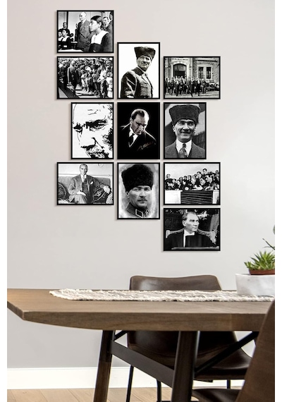Çerçevesiz Çerçeve Görünümlü Atatürk Fotoğrafları 11 Parça Mdf Tablo Seti Çoklu Baskı Seti Mdf Baskı Özc -
