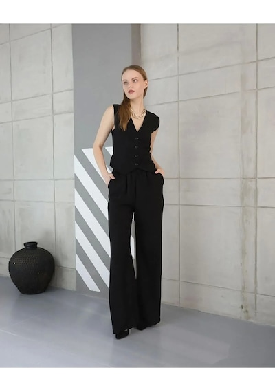 Genculus Rahat Form Yelekli Pantolon Takım Modern Fit Keten Takım Siyah