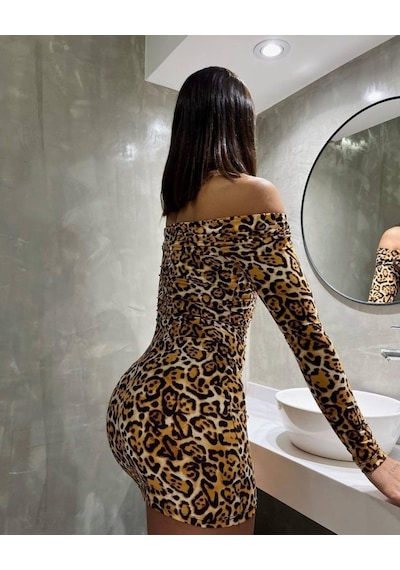 Nnstartshopping Kadın Madonna Mendil Yaka Leopar Desen Mini Elbise Leopar