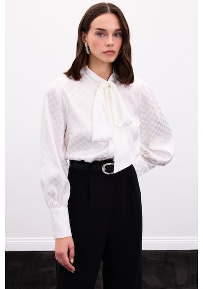 Sateen Puantiye Desenli Gömlek - Ekru-136903 ekru