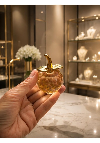 Mini Sarı Kristal Elma Biblo 7.5 Cm Dekoratif Cam Obje Gold Yapraklı Şık Masa Üstü Süsü