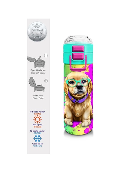 Coral High Kids Mor Pembe Köpek Desenli Pipetli Ve Direkt İçim Çelik Termos 500 Ml 31813 Mor - Açık Pembe