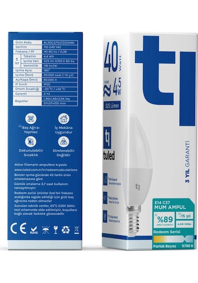 Redeem C37S E14 Mum Ampul, Titreşimsiz, Göz Konforu, 525 Lümen, Parlak Beyaz, 5700 Kelvin