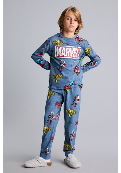 Defacto %100 Pamuk Marvel Comics Baskılı Uzun Kollu Üst Lastikli Paça Alt Pijama Takımı Erkek Çocuk I1327a826aube739 Mavi-be739