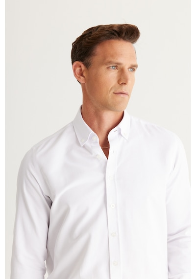 Erkek Beyaz Slim Fit Dar Kesim Oxford Düğmeli Yaka Armürlü Pamuklu Gömlek Beyaz