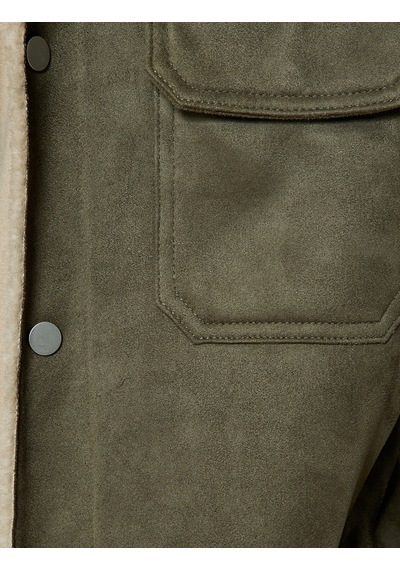 Koton Süet Görünümlü Ceket Slim Fit Peluş Detaylı Gömlek Yaka Haki 5wam20075hw Haki