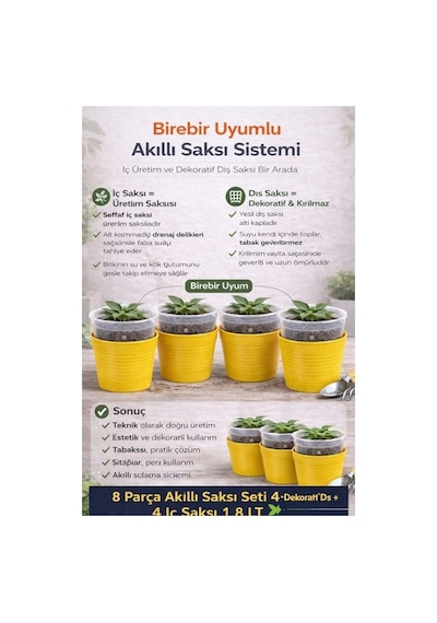 Hüskon Ticaret 4 Adet Dekoratif Dış + 4 Adet Şeffaf Iç Saksı Akıllı Saksı Seti 1,8 Litre