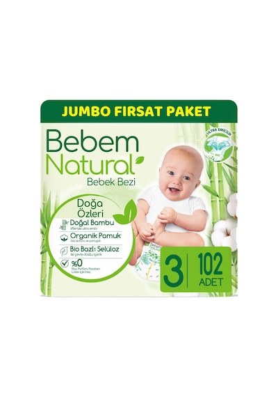 Bebem Natural Bebek Bezi 3 Numara Midi Jumbo Fırsat Paketi 102 Adet