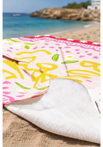 Çiçek Temalı Pembe Plaj Havlusu - Romantik Bohem Kırmızı Kenarlı Hızlı Kuruyan Mikrofiber Havlu Donuk Kanyon