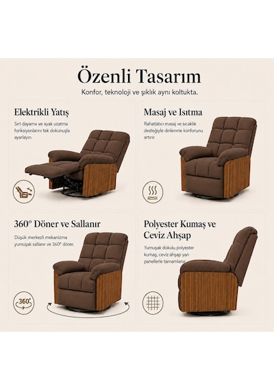 Smarto Relax Porto Tv Koltuğu Elektrikli Masajlı Isıtmalı Döner Sallanan Ahşap Yan Panelli Polyester Kumaş Baba Koltuğu Kahverengi