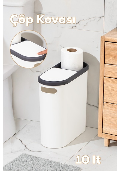 Porsima M-325 Çöp Kutusu Banyo Mutfak Çöp Kovası Kapaklı Banyo Çöp Kovası 10lt Beyaz