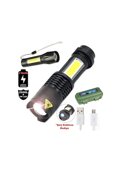 Su Geçirmez Şarjlı El Feneri 2500 Lumens + 5w Cob Led Usb Lion Şarjlı Ultra Güçlü Q5 Xpe Bx40 20 Köşe Bağlantısı