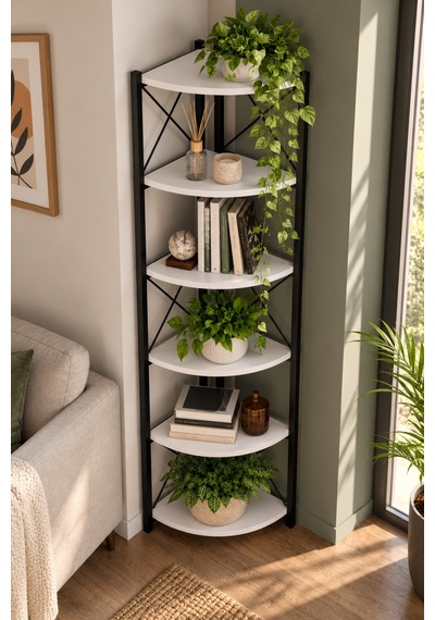 Sulorahome 6 Raflı Köşe Kitaplık Ve Saksılık Standı Beyaz Antrasit