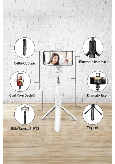 Led Işıklı Selfie Çubuğu Bluetooth Kumandalı Kablosuz Tripot Selfie Monopod Selfie Stick Beyaz Lisinya
