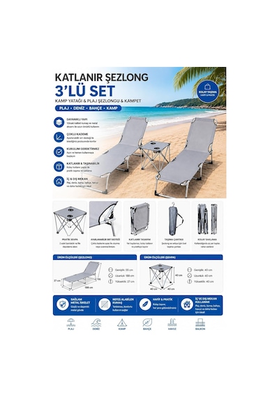 Bysay Kampet Katlanır Şezlong Seti, 2 Şezlong 1 Sehpa, Metal Gövde, Kumaş, Gri, Modern, 3'lü Set Diğer