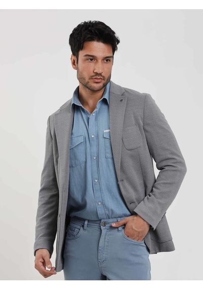 Dufy Gri Erkek Slim Fit Balıksırtı Desenli Mono Yaka Ceket - 104447-gri Gri