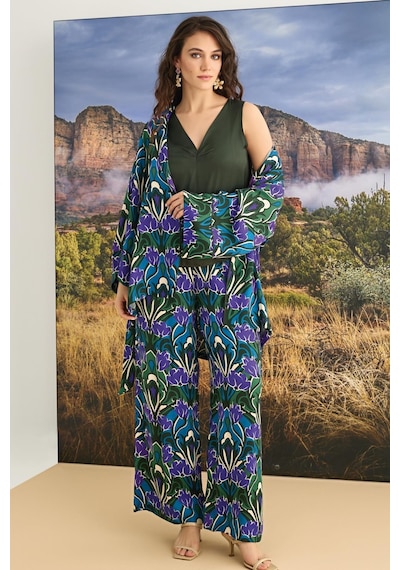 Monamise Kadın Çiçek Desenli 3'lü Pijama Takımı 23136-yeşil Yeşil