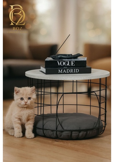 İkili Minderli Kedi Yuvalığı Metal Zigon Sehpa Seti Siyah