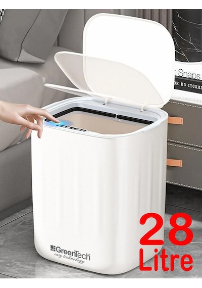 Greentech Sensörlü 28 Litre Çöp Kovası Şarj Edilebilir Lityum Pilli / Gt-sc07 B Beyaz