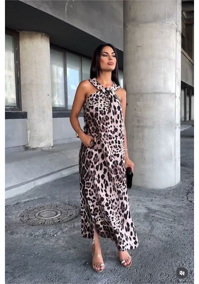 Lava Design Halter Yaka Leopar Desenli Uzun Elbise