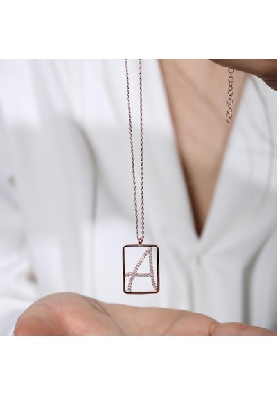 A Harfi Zirkon Taşlı Rose Gold Kaplama Çerçeveli Gümüş Kolye Gümüş
