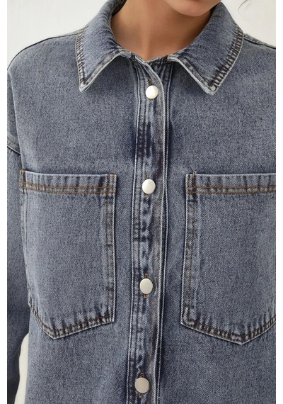 Hiccup Bdart Oversize Denim Ceket, Gömlek Yaka Ve Cep Detaylı Buz Mavisi