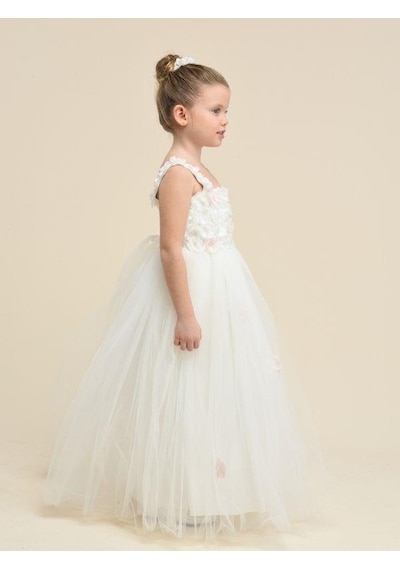 Zekids Kız Çocuk Çiçekli Askılı Uzun Abiye Elbise-13860 Krem
