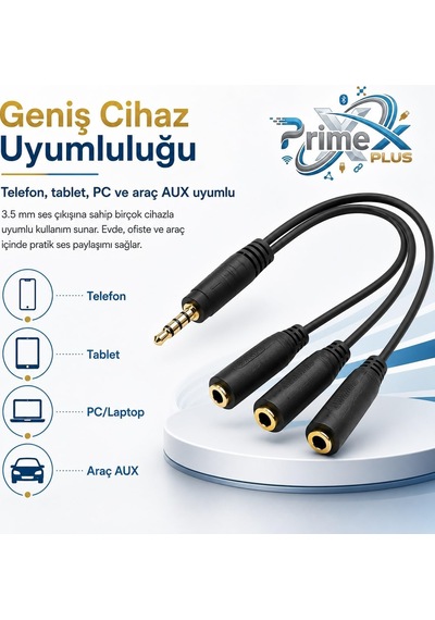 Primex Px-3aux 3 Lü Stereo Çoklayıcı, 3.5 Mm Aux Jak Splitter Kablo, 1 Erkek Giriş 3 Dişi Çıkış, Kulaklık Hoparlör Telefon Pc Araç Ses Paylaşım Adaptörü