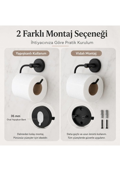 Lotus Siyah Açık Tuvalet Kağıtlığı, Yapışkanlı Ve Vidalı Montajlı Tuvalet Kağıdı Askısı, Mat Siyah Stat Diğer