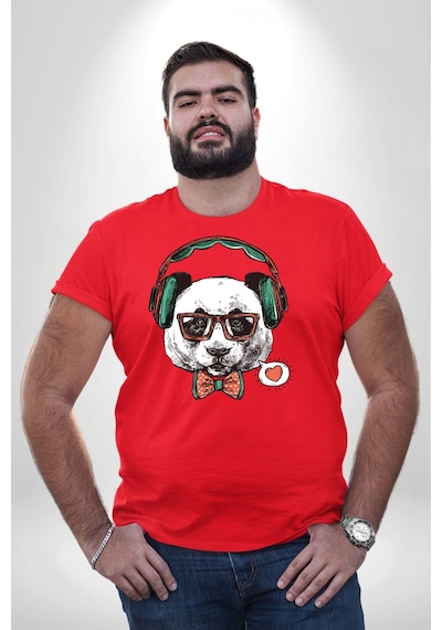 Angemiel Kulaklıklı Hipster Portre Panda Kırmızı Büyük Beden Erkek Kadın Unisex Basic Ön Baskılı Tişört Kırmızı