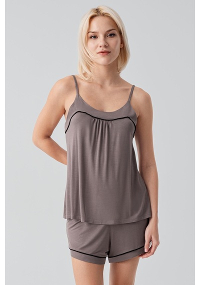 Artış Collection Askılı Biyeli Likralı Esnek Viskoz Soft Şortlu Pijama Takım 19216 Vizon