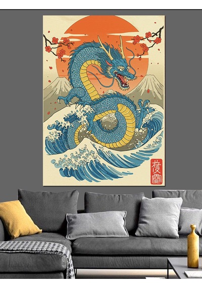 Japon Ejderhası Geleneksel Sanat Dekoratif Kanvas - Mdf Ahşap Tablo