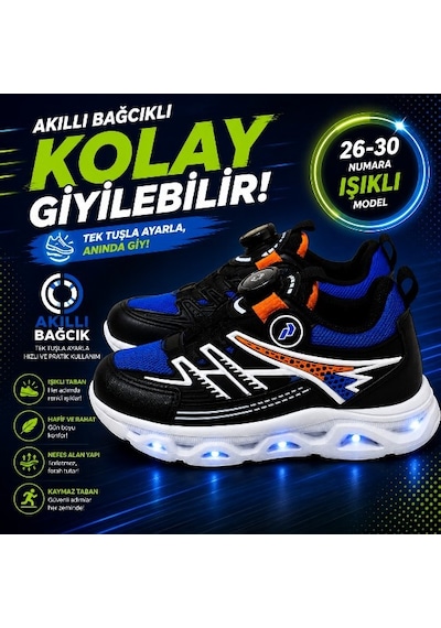 Promax Akıllı Bağcıklı Işıklı Çocuk Spor Ayakkabı Siyah-sax 26-30 Kolay Giyilebilir