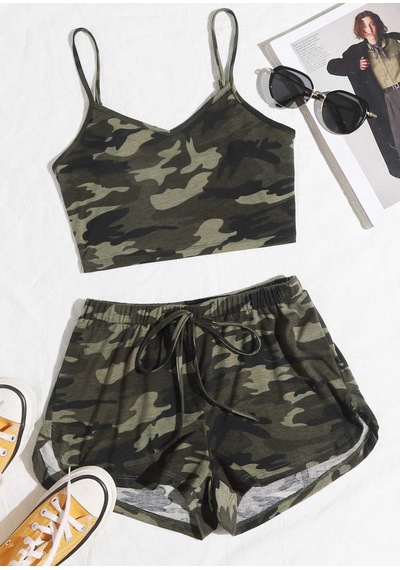 Kadın Kamuflaj Desenli Askılı Crop Top Ve Şortlu Gecelik Takım H110440 Beden: S/m Diğer