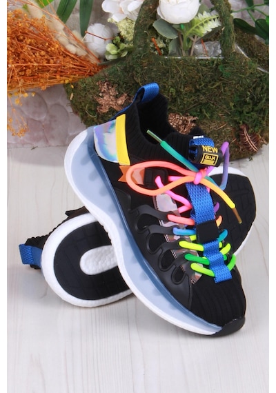 Guja Karsu Rahat Esnek Özel Tasarım Renkli Bağcuklı Sneaker Kadın Ayakkabı Siyah