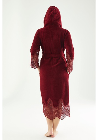Dantelli Uzun Kapüşonlu Triga Bambu Cotton Bayan Bornoz Bordo