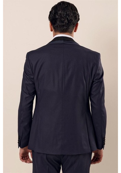 İmza Koyu Lacivert Desenli Çıkarılabilir Şal Yaka Yelekli 6 Drop Slim Fit Smokin Damatlık Takım 1001230203-Lacivert