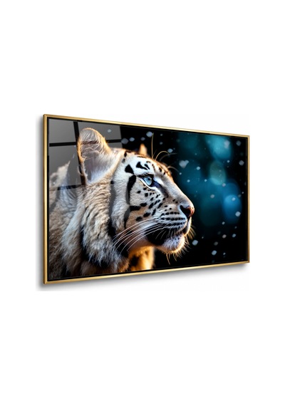 Bokeh Işıklı Beyaz Kaplan Profili Gold Çerçeveli Cam Tablo