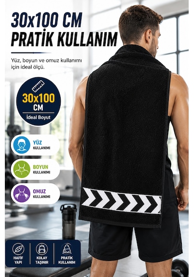 Siyah 30x100 Cm %100 Pamuk 450 Gsm Spor Havlusu Fitness Gym Boks Tenis Golf Yüz Havlusu Yıkanabilir