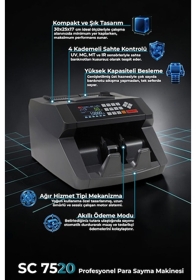 SC7520 Karışık Para Sayma Makinesi, TL Karışık, Usd ve Euro Adet Sayım + Müşteri Ekranı