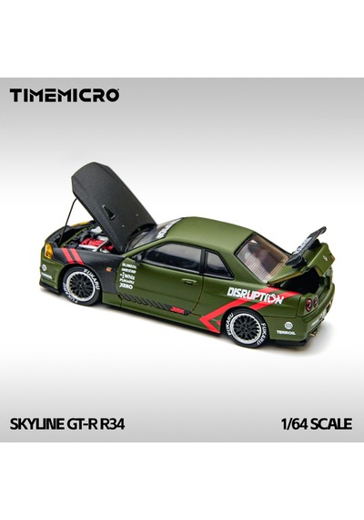 Timemicro 1:64 Nissan Skyline Gt-r R34 Matte Green Disruption Kaput Bagaj Açılır Tm646317 Yeşil