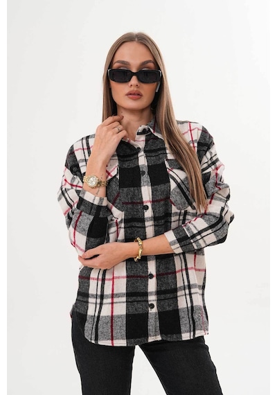 Polologin Butik Kadın Siyah Beyaz Kırmızı Çizgi Detaylı Gömlek Siyah