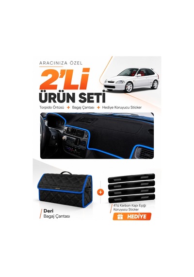 Honda Civic Ek-ej-em 1995-2000 Uyumlu Torpido Örtüsü + Deri Bagaj Çantası + Sticker - Siyah Mavi