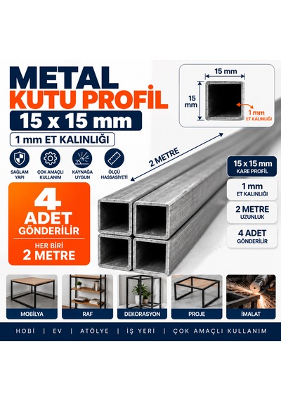 15x15 Kutu Profil 2 Metre 1 Mm Et Kalınlığı Kare Metal Çelik Profil 4 Adet