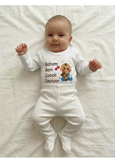 Bambık Babam Beni Çoook Seviyor Yazılı Uzun Kollu Bebek Body Zıbın Beyaz