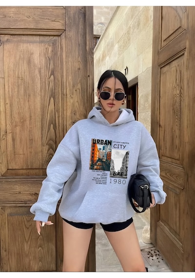 Startmore Urban Cıty Baskılı Kapişonlu Sweatshırt Gri