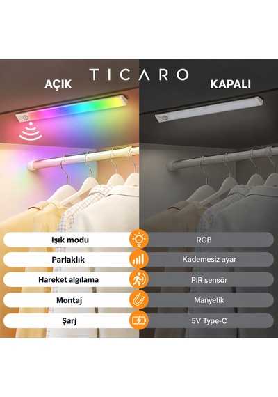 Tıcaro 32 Cm Rgb Sensörlü Şarjlı Led Dolap Işığı, 72 Led, 2200 Mah, Tekli Gümüş