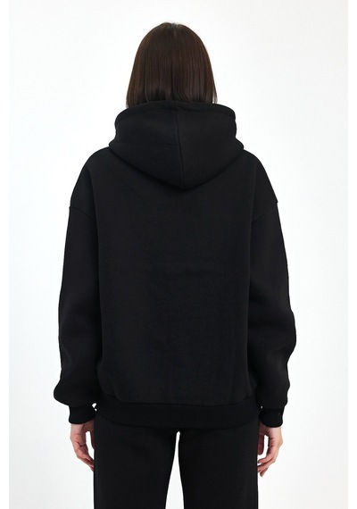 Odda Kadın Kapüşonlu Şardonlu Sweatshirt Siyah